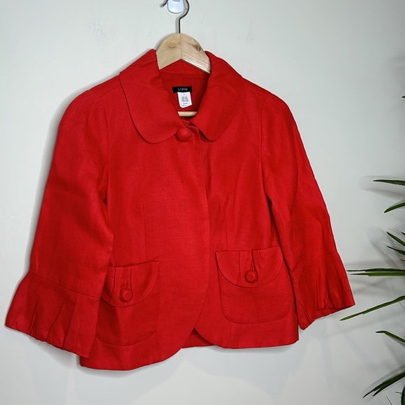 J.Crew | Red Linen Tulip Blazer Jacket; Size 0 - Picture 3 of 13